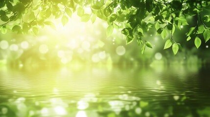 Abstract blurred background of nature with green trees and water reflection.