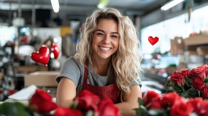 A joyful florist in an apron beams at the camera, surrounded by vibrant red roses and hearts, evoking passion, warmth, and the artistry of love and floral design.