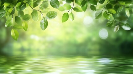 Abstract blurred background of nature with green trees and water reflection.