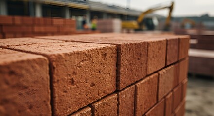 Naklejka premium A stack of high-quality red bricks with rough textures, extreme close-up