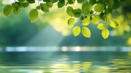 Abstract blurred background of nature with green trees and water reflection.