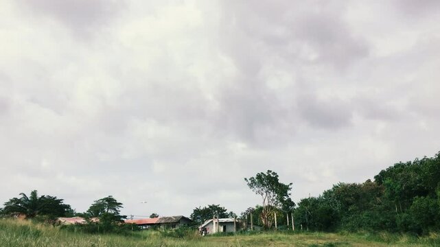 The plane descends while landing in the tropics