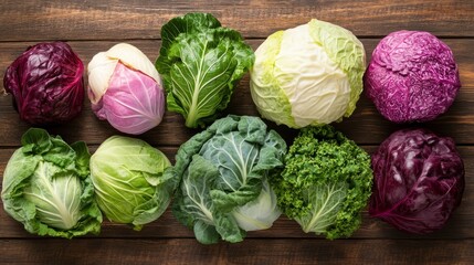 Variety of fresh cabbage on rustic wooden table – flat lay composition featuring green, red, and savoy cabbage alongside brussels sprouts and napa cabbage for healthy eating, farm-to-table concepts, a