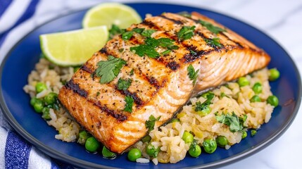Grilled Salmon on Rice with Green Peas and Lime Wedges