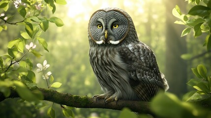 Majestic Great Grey Owl Perched on a Tree Branch in a Lush Forest