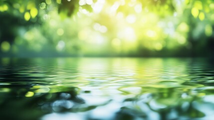 Abstract blurred background of nature with green trees and water reflection.