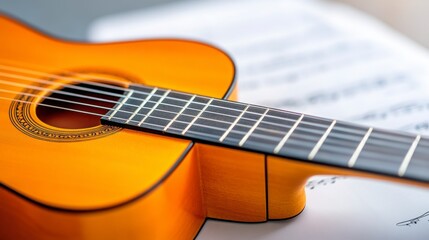 Obraz premium Close-Up of Acoustic Guitar on Sheet Music for Music Lovers