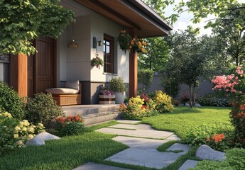 Beautiful modern home entrance with lush garden, vibrant flowers, and stone pathway under soft sunlight, showcasing a serene outdoor living space in nature