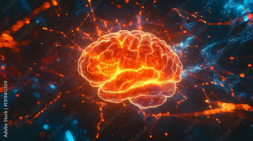 Aufkleber glowing brain visualization with neural connections and energy sparks