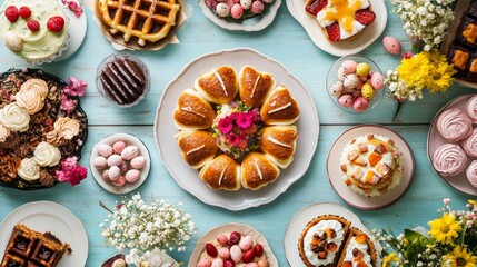 A vibrant, overhead view of an Easter dessert table, filled with hot cross buns, sweet cakes, waffles, and pancakes, ready to be enjoyed by family and friends.