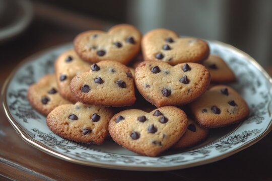 A plate of heart-shaped cookies with chocolate chips The cookies are golden brown and piled high on a decorative vintage dish - Powered by Adobe