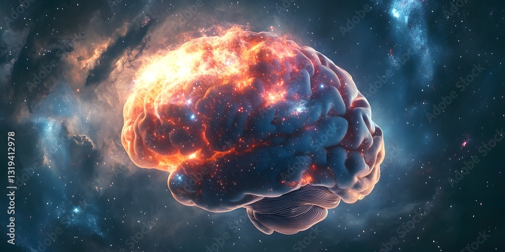Aufkleber Artistic Representation of a Glowing Brain in Cosmic Background