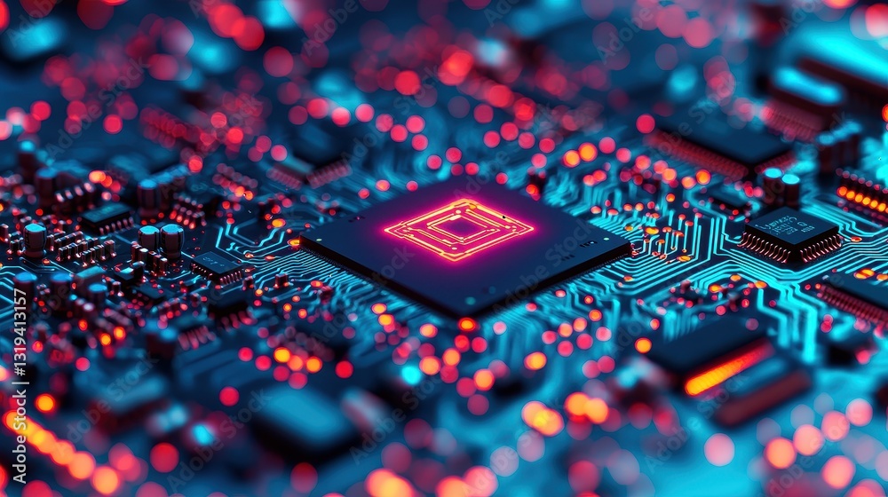 Poster a close-up view of a computer circuit board featuring a glowing microchip surrounded by intricate pa