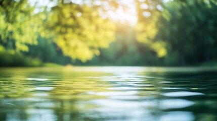 Abstract blurred background of nature with green trees and water reflection.