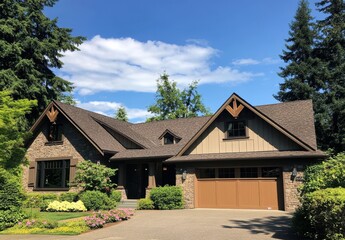 Naklejka premium Beautiful residential home surrounded by lush greenery and blue skies with decorative architecture on a sunny day