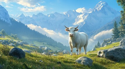 Fototapeta premium White cow in alpine meadow, mountain backdrop, sunny day, tranquil scene, nature, peaceful, idyllic, stock photo