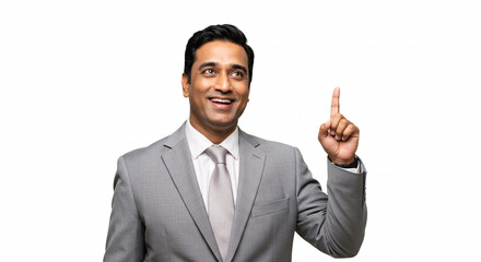 Smiling Businessman in Grey Suit Having an Idea Against White Background