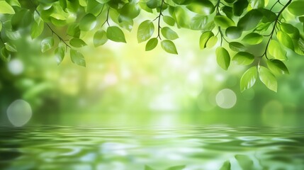 Abstract blurred background of nature with green trees and water reflection.