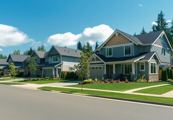 Naklejka premium Beautiful Suburban Residential Neighborhood with Modern Homes Surrounded by Lush Green Landscaping and Clear Blue Sky
