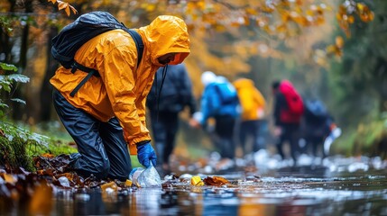 Environmental volunteers collecting trash from a stream in a vibrant autumn forest setting