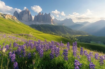 Breathtaking Landscape of Dolomites Mountains with Vibrant Wildflowers in Full Bloom Under Bright Clear Sky and Sunlight Rays Illuminating the Valley