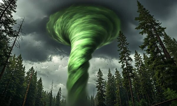 Green Tornado Over Forest Landscape Beneath Dark And Stormy Sky