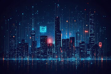 Fototapeta premium Futuristic smart city connecting through digital network at night. Ai generated