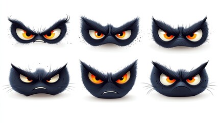 Six cute black cartoon monsters showing different expressions of anger. Ai generated