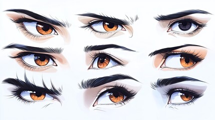 Naklejka premium Set of minimalist vector illustrations showing expressive eyes with brown irises. Ai generated