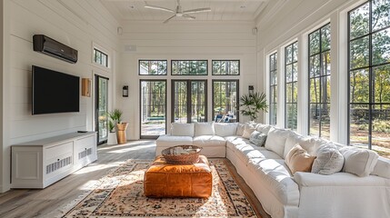 Bright and Airy Modern Living Room with Large Windows and Cozy Furnishings in Sunlit Environment