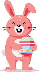 A flat vector illustration of a cheerful Easter bunny standing on two legs, holding a colorful decorated egg with both paws, smiling happily. Bright, festive colors symbolize joy, spring