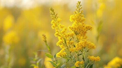 Obraz premium Goldenrod Blooming in a Scenic Field: A Beautiful Yellow Flower Showcasing Nature's Vibrance