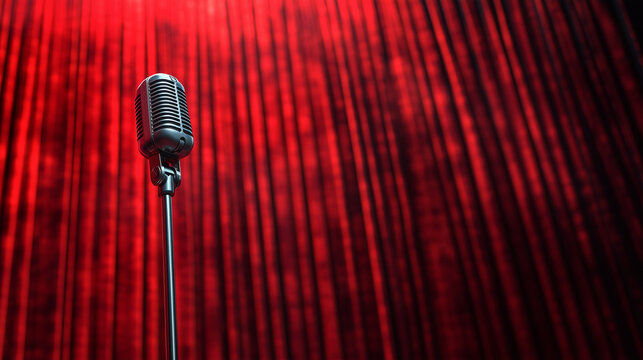 mic with red curtain background, wallpaper design for stand up comedy show, open mic comedy design theme