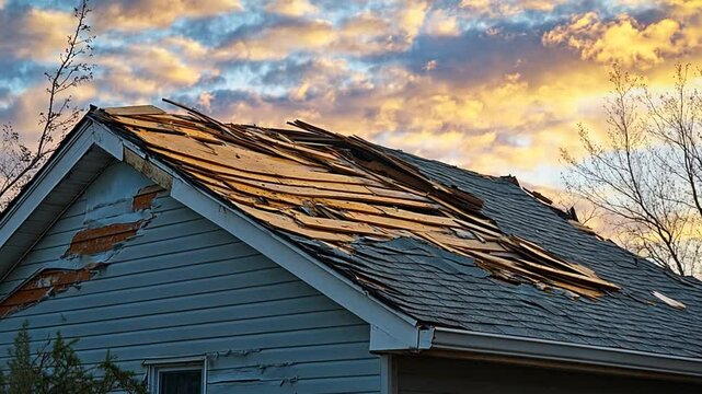 Severe roof damage and destruction to a residential house after a storm event
