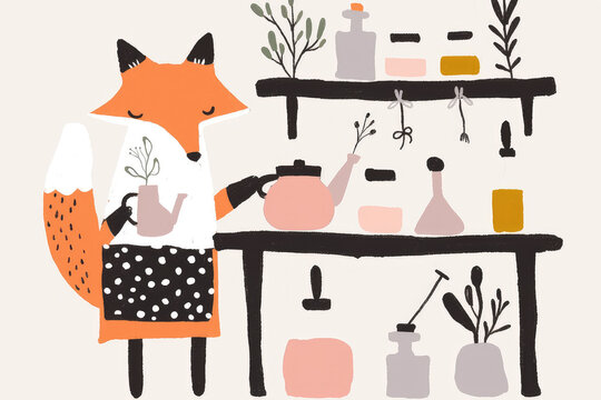 doodle illustration of fox brewing herbal potions in rustic apothecary, featuring charming vintage theme with plants and various potion bottles