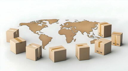 Brown Cardboard Boxes Encircling A World Map Depicting Global Shipping and International Logistics On White Background