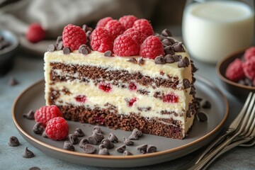 Delicious Raspberry Chocolate Cake: A decadent slice with layers of rich chocolate cake creamy filling and fresh raspberries Perfect dessert treat