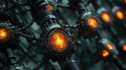 Fototapeta premium Cyberpunk Network: Glowing Orange Nodes in a Dark Metallic Framework