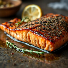Oven baked fillet of salmon on a baking tray