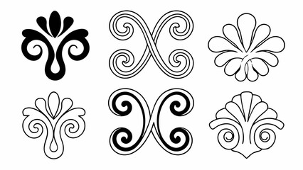 Elegant Ornamental Designs: A collection of six intricate, symmetrical ornamental designs, presented in monochrome, showcasing various floral and stylized motifs. 