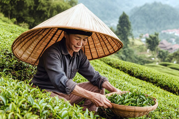 Tea Farmer Skillfully Harvesting Leaves on a Lush Mountain Landscape During the Morning Hours