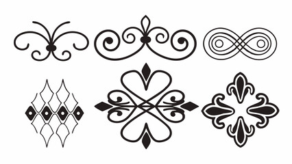 Ornamental Vector Set: A collection of six intricately designed vector ornaments, showcasing a variety of elegant swirls, shapes, and patterns.