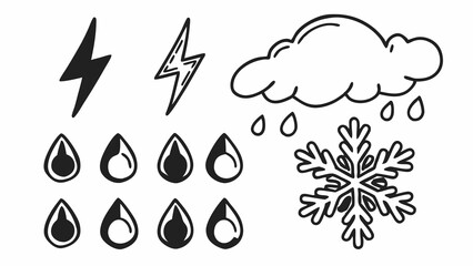 Weather Icons: A collection of weather icons featuring raindrops, cloud, lightning, and snowflake in a minimalist illustration, perfect for design projects
