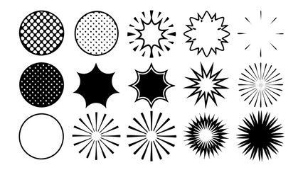 Geometric Burst Icons: A collection of various geometric burst icons in shades of black and different styles. 