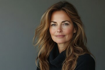 Fototapeta premium A woman with long brown hair and a black sweater is smiling