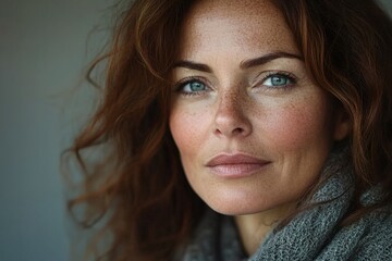 A woman with red hair and blue eyes is wearing a gray sweater
