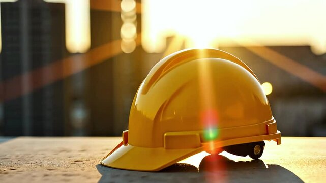 Yellow hard hat on table at construction site in sunlight, construction and business industry concept, banner or background, design with copy space