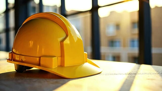 Yellow hard hat on table at construction site in sunlight, construction and business industry concept, banner or background, design with copy space