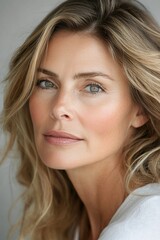 Obraz premium A woman with blonde hair and green eyes is smiling for the camera