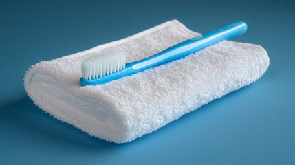 A blue toothbrush is on top of a white towel